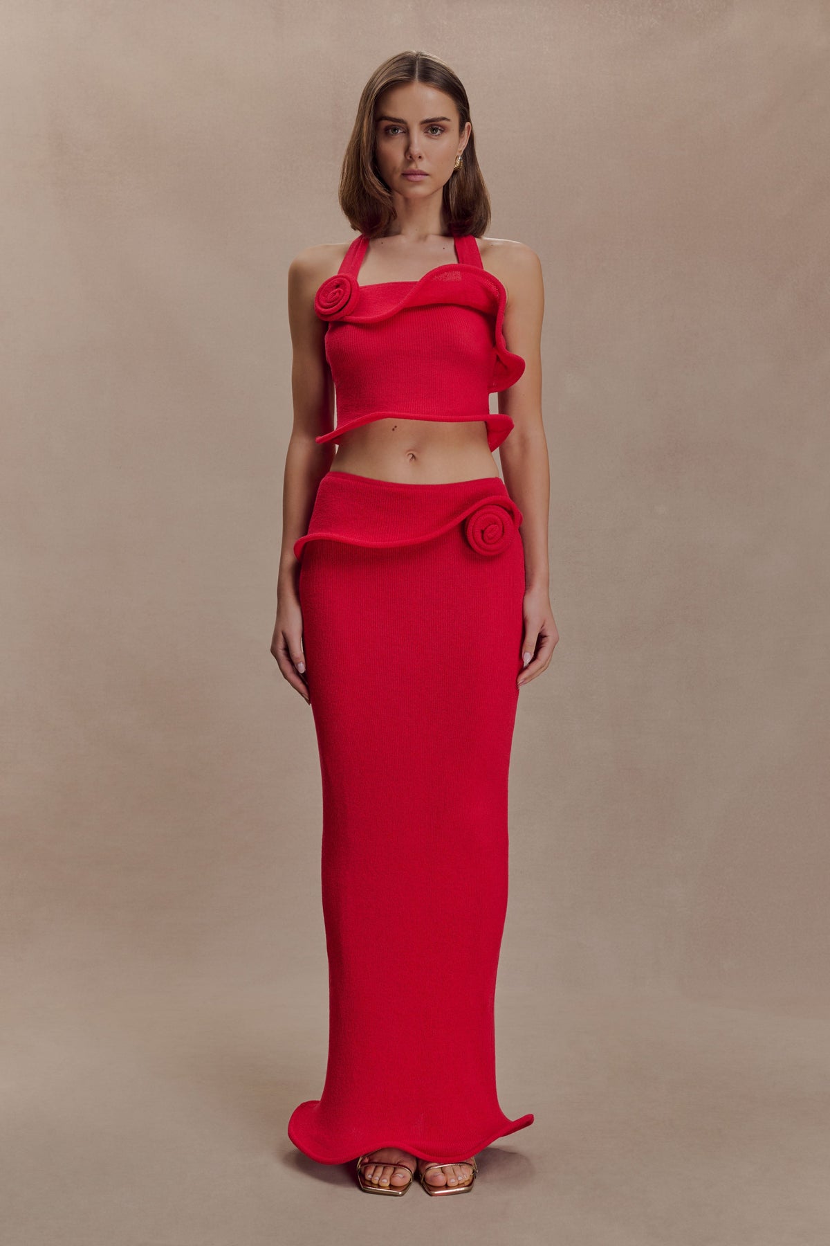 Samira Halter Knit Twist Top - Red