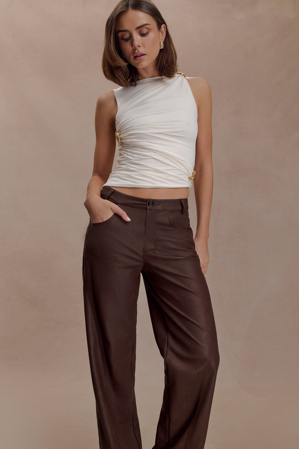 Theo Faux Leather Mid Rise Pants - Dark Chocolate