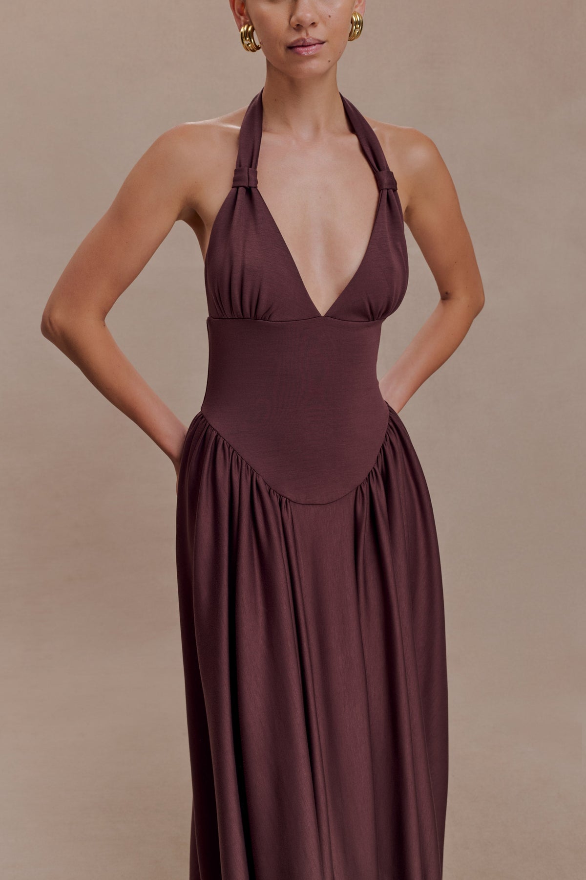 Angelina Scuba Halter Midi Dress - Chocolate