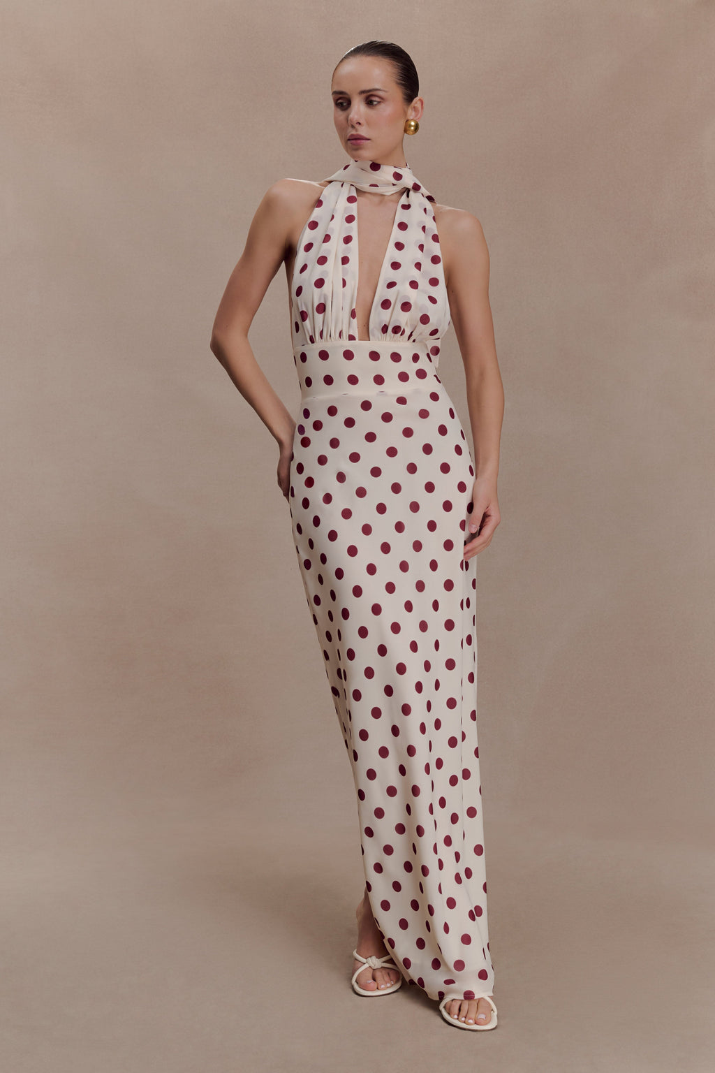 Nadine Halter Chiffon Maxi Dress - Ivory/Merlot Polka Dot