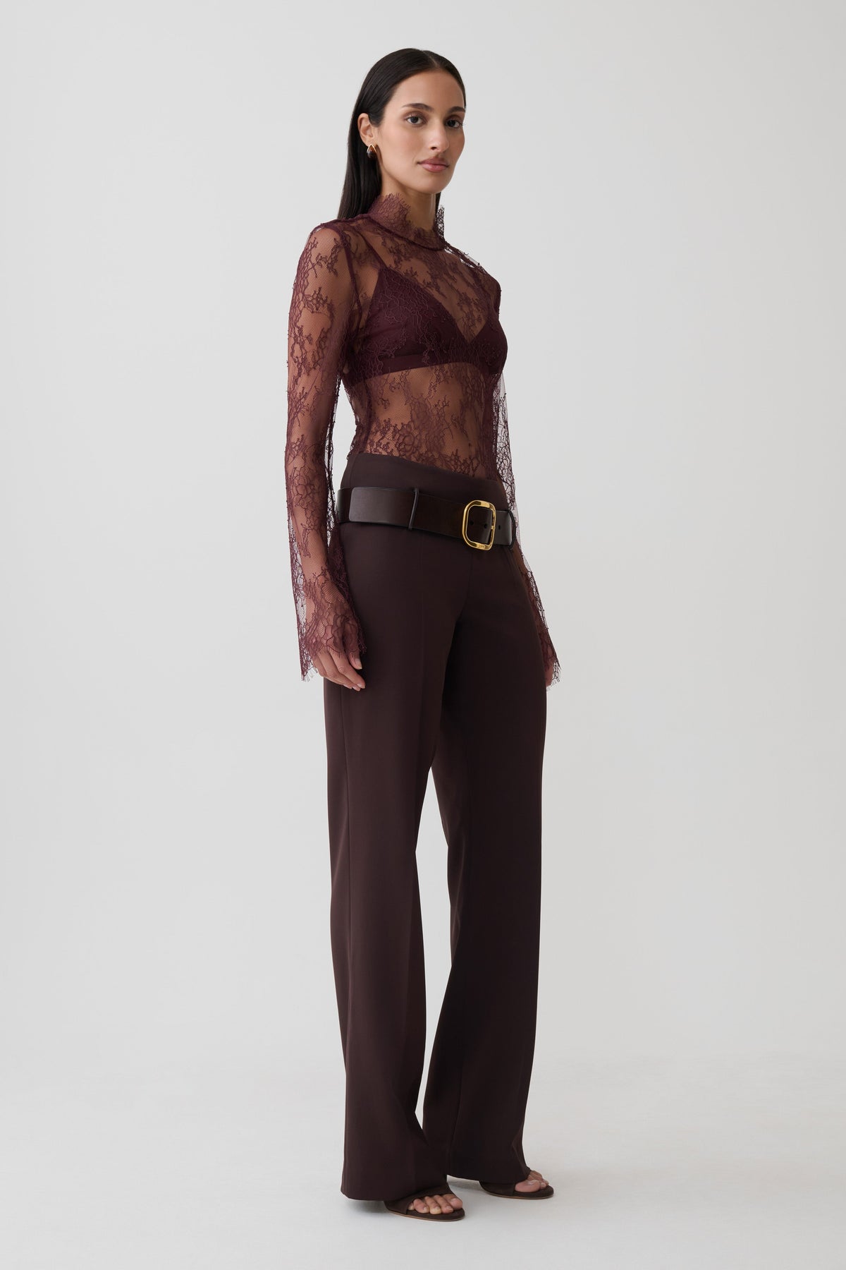 Alizette High Neck Long Sleeve Lace Top - Burgundy