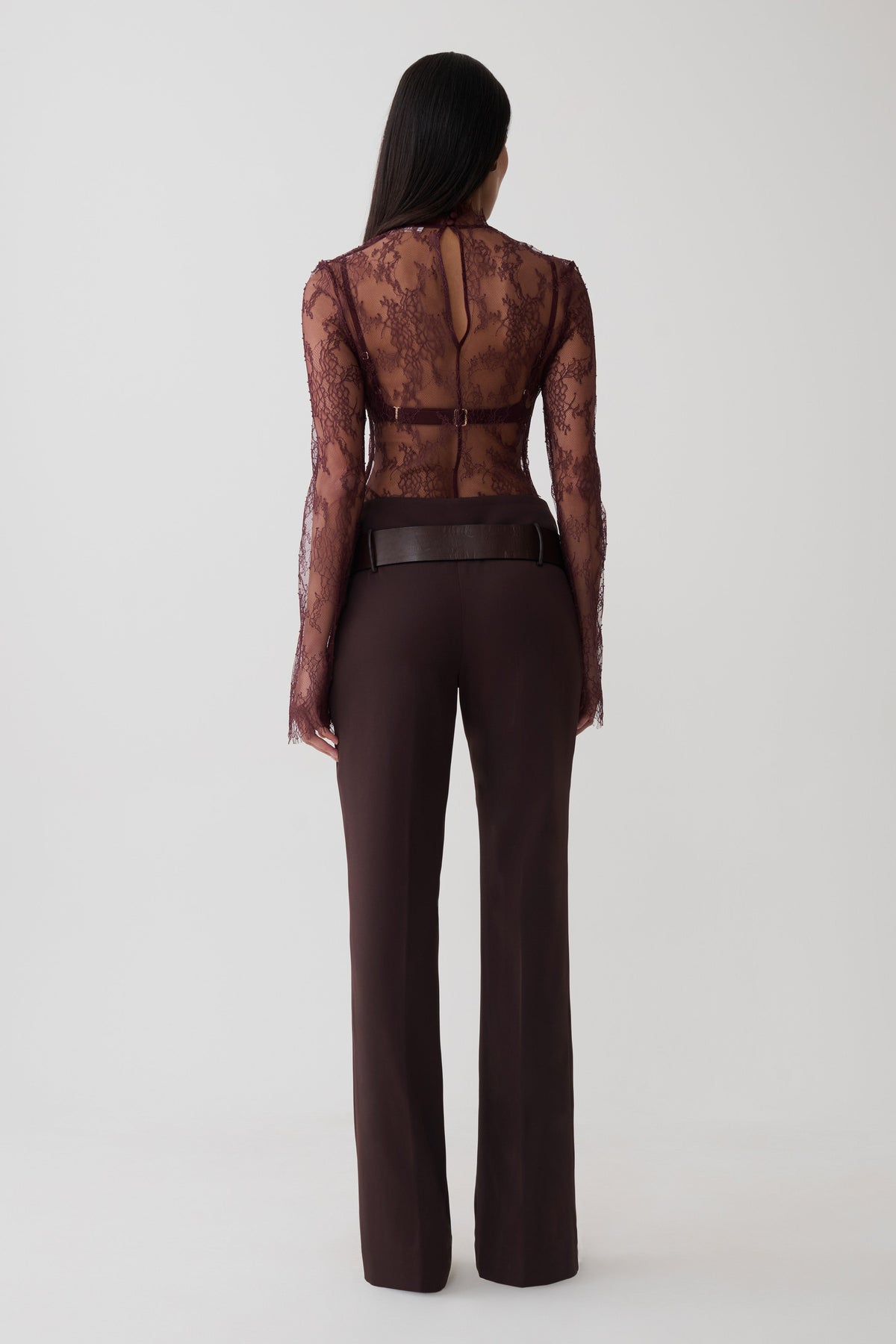 Alizette High Neck Long Sleeve Lace Top - Burgundy