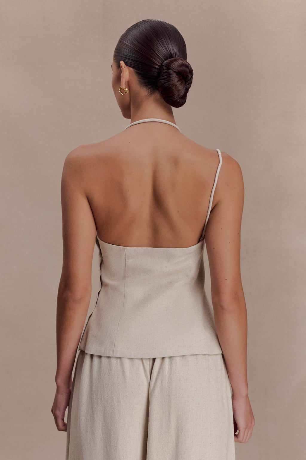 Gabby Asymmetrical Neckline Linen Beaded Top - Natural