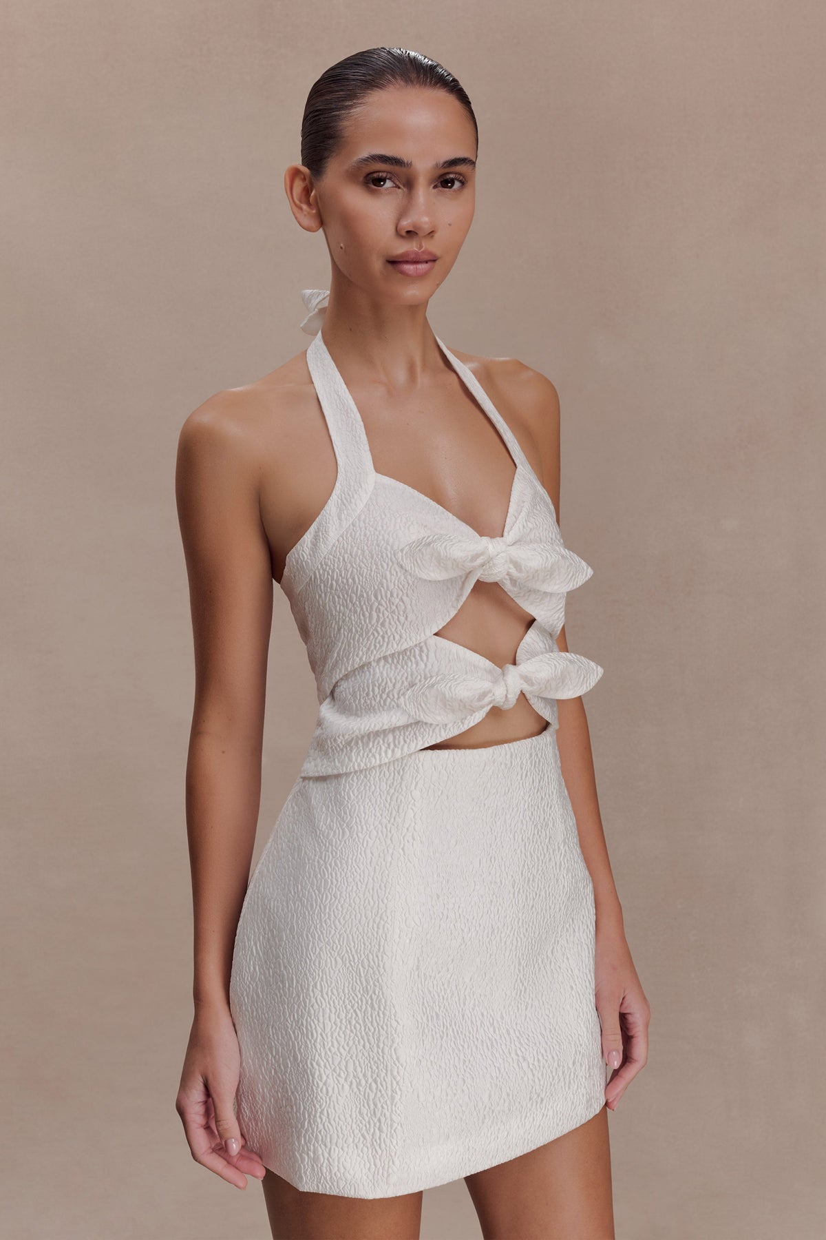 Ella Bow Detail Halter Mini Dress - White