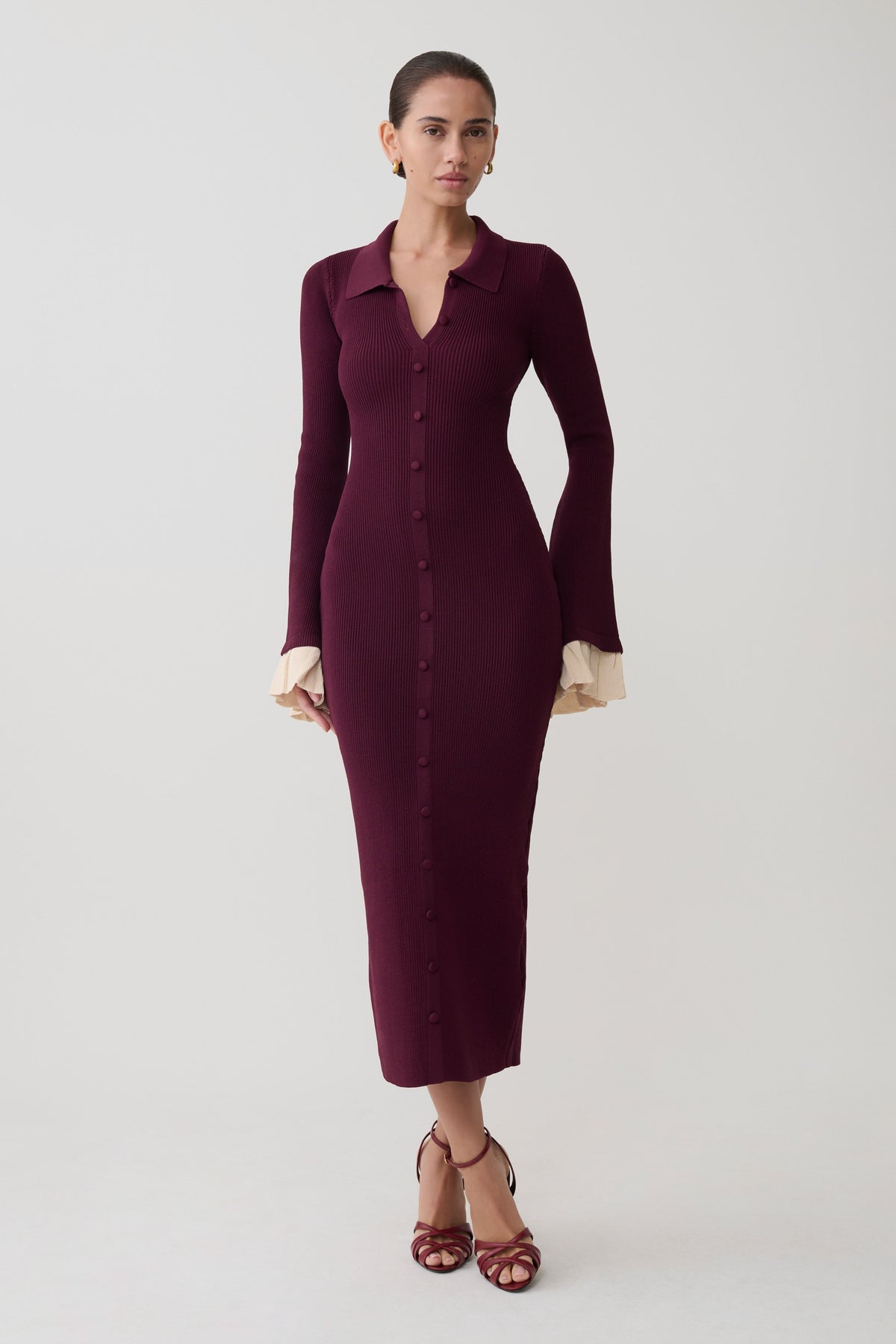 Amirose Ruffle Knit Midi Dress - Plum