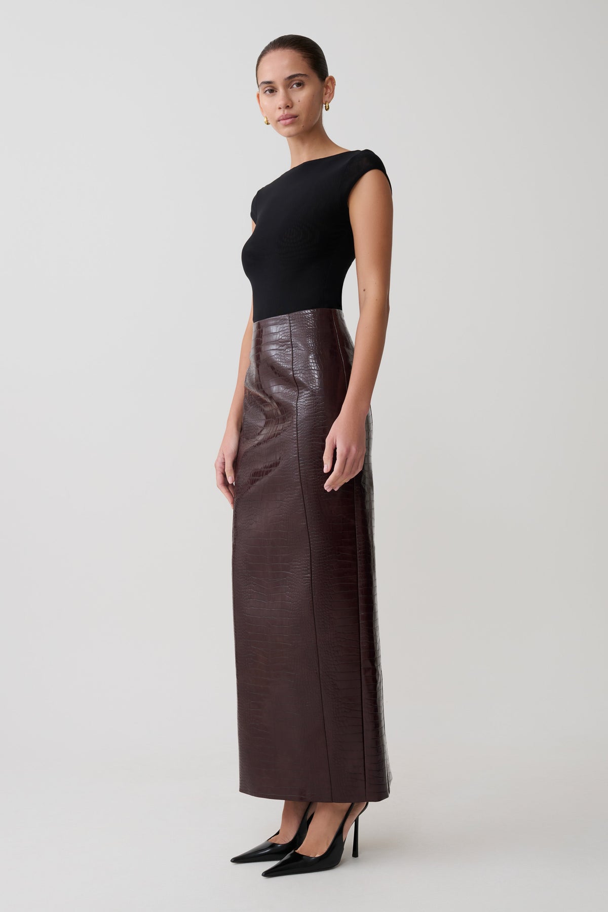 Thalia Croc Faux Leather Midi Skirt - Merlot