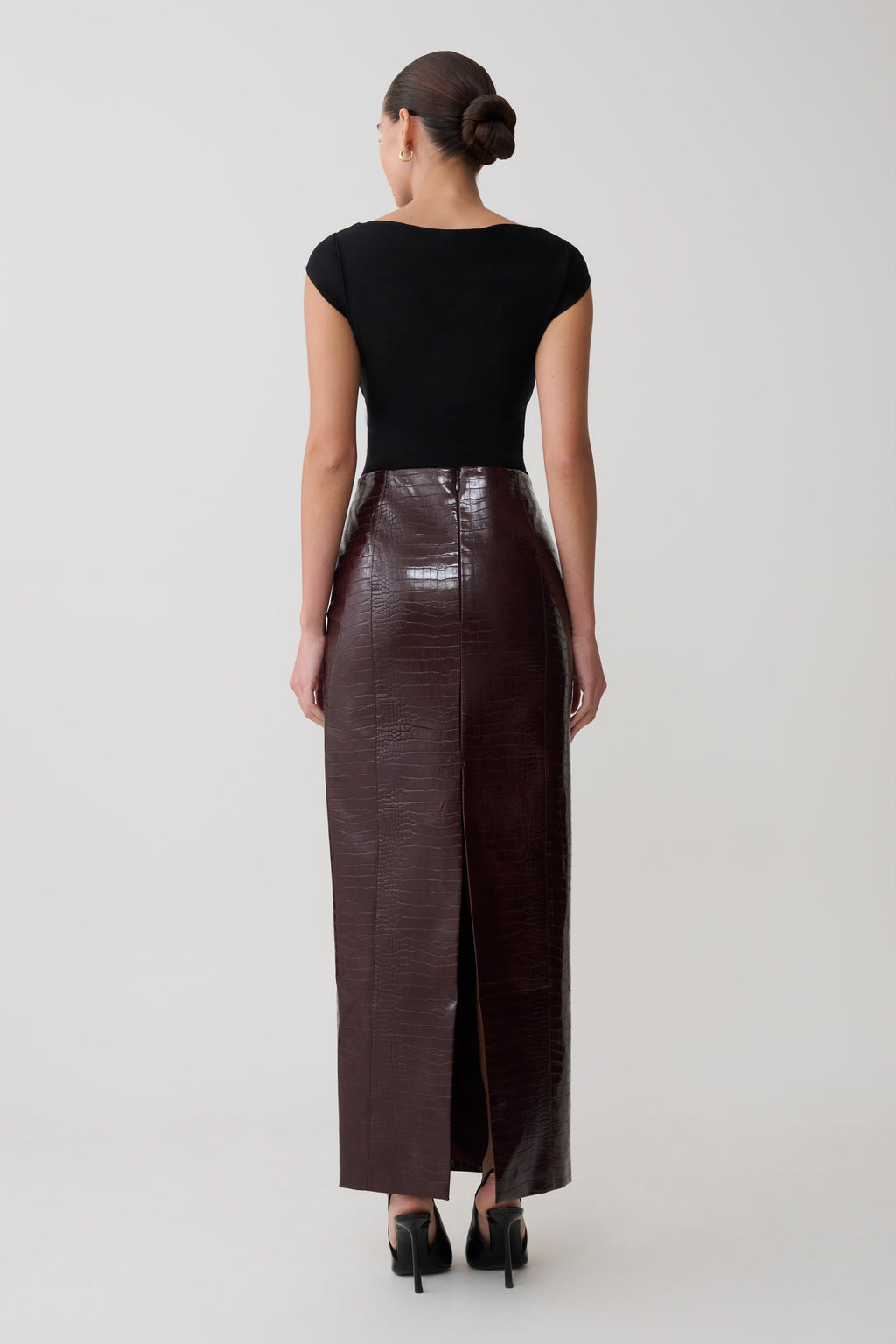 Thalia Croc Faux Leather Midi Skirt - Merlot
