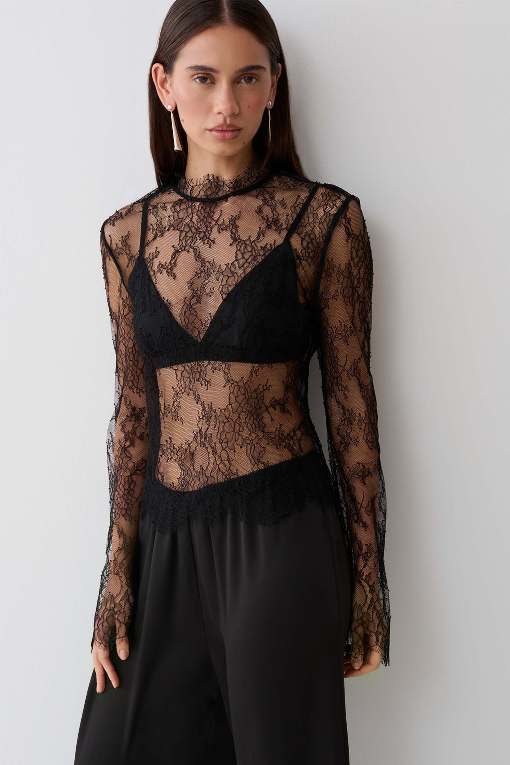 Alizette High Neck Long Sleeve Lace Top - Black