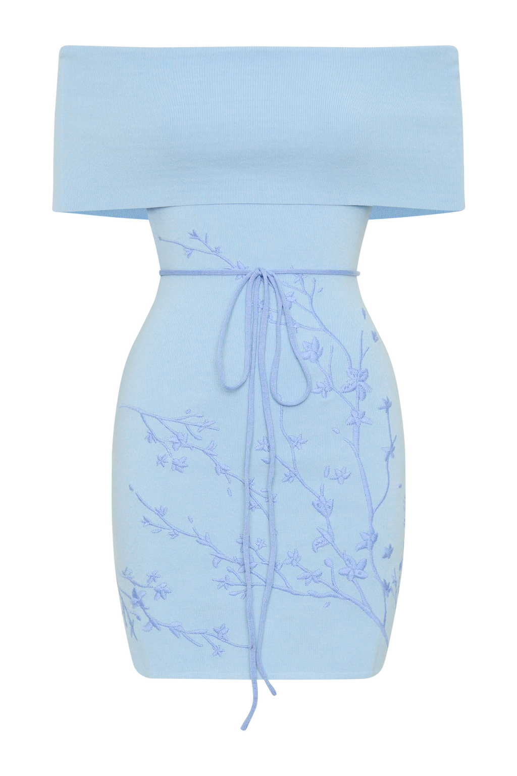 Mallory Off Shoulder Embroidered Knit Mini Dress - Ice Blue