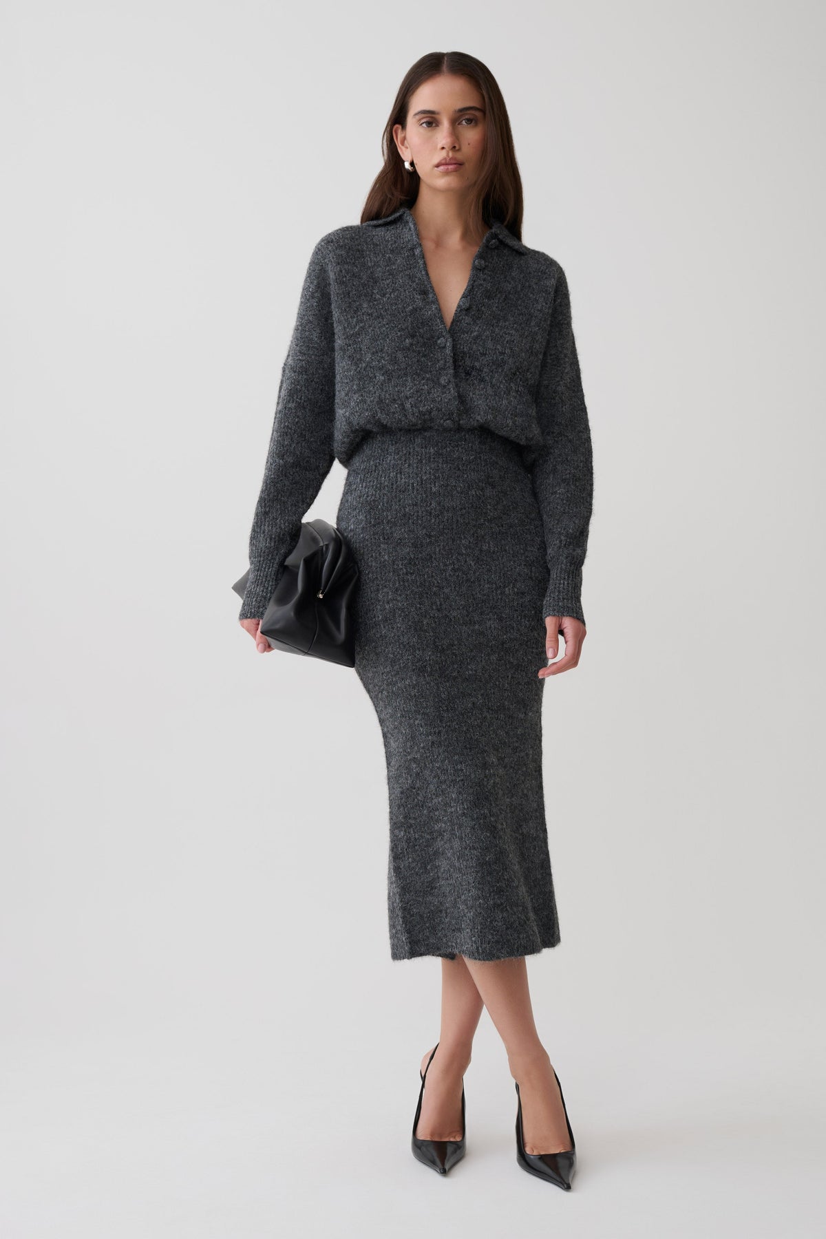 Simoney Long Sleeve Midi Knit Dress - Charcoal