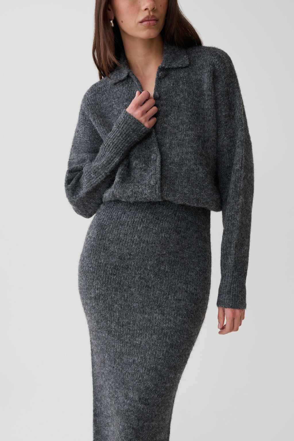 Simoney Long Sleeve Midi Knit Dress - Charcoal