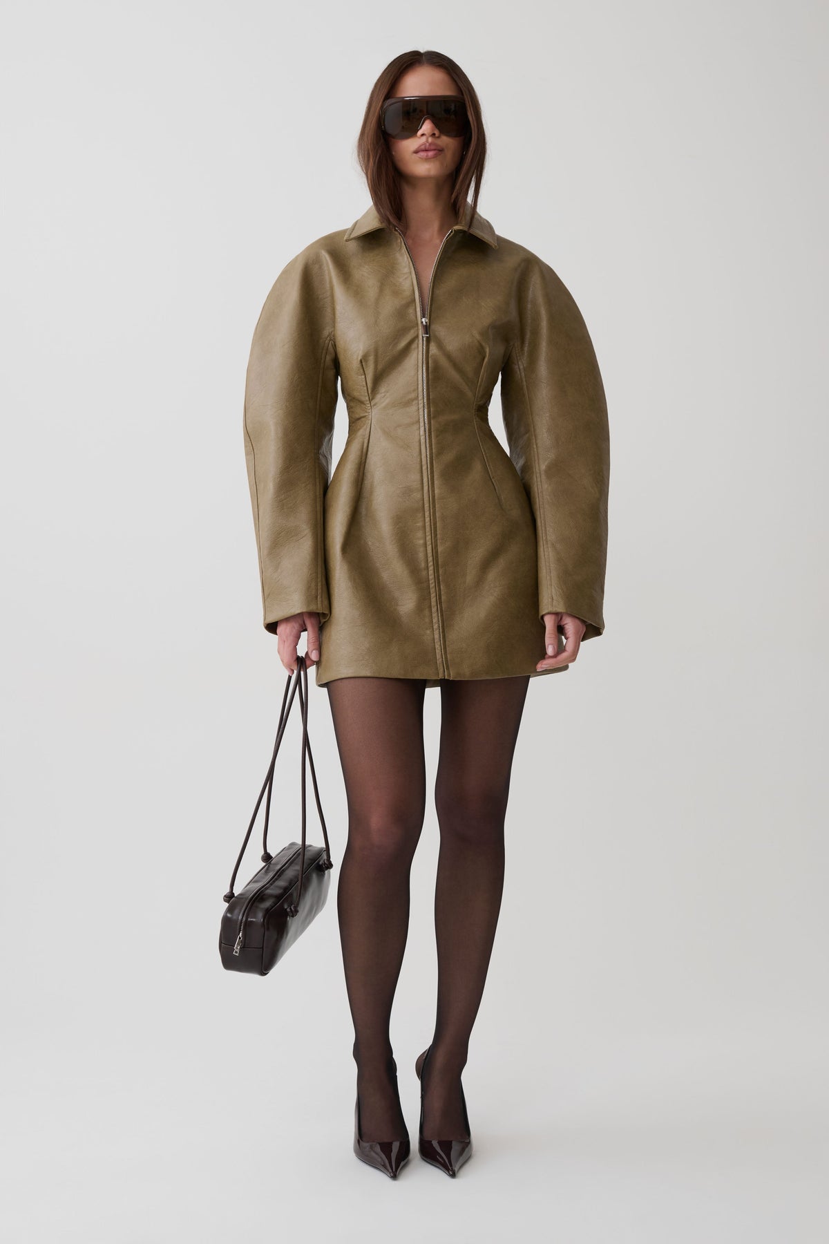 Jordana Faux Leather Mini Dress - Khaki