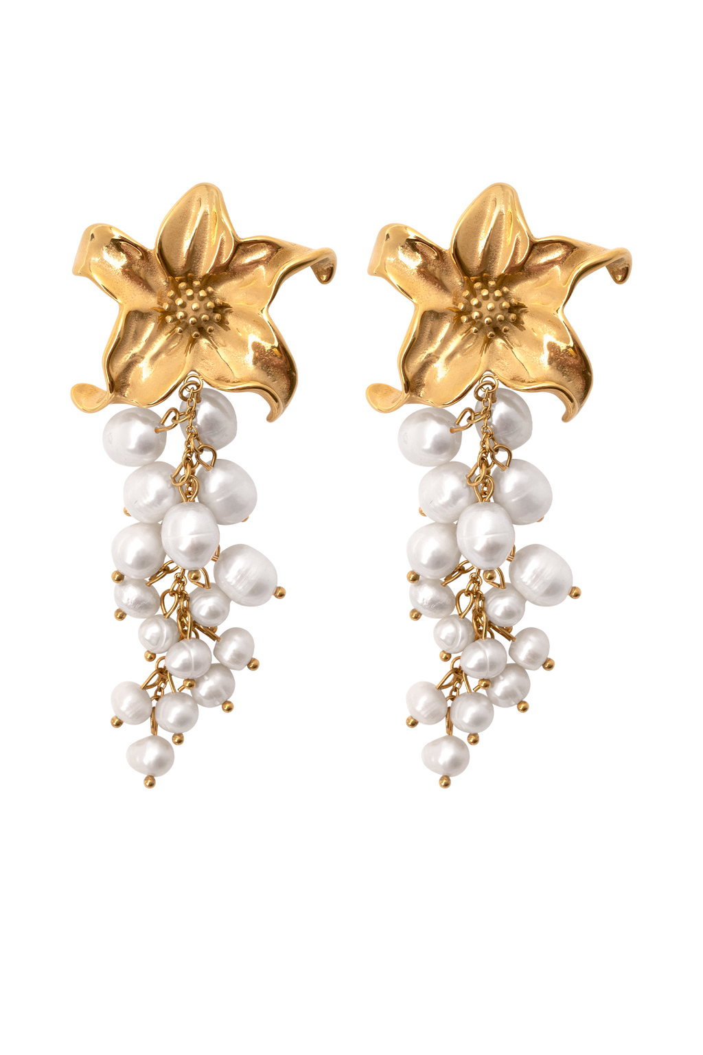 Eva Floral Fresh Water Pearl Earrings - Gold