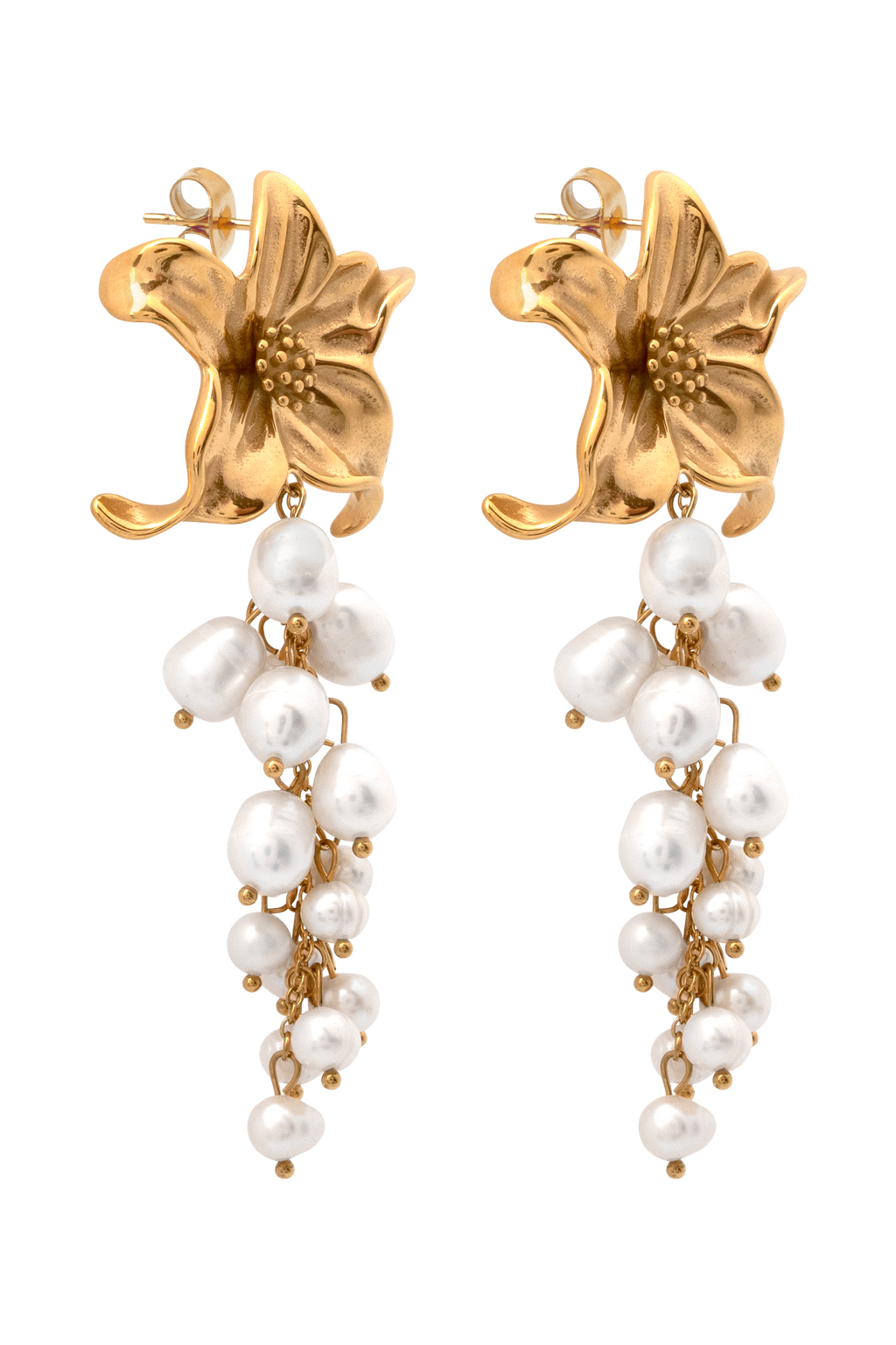 Eva Floral Fresh Water Pearl Earrings - Gold
