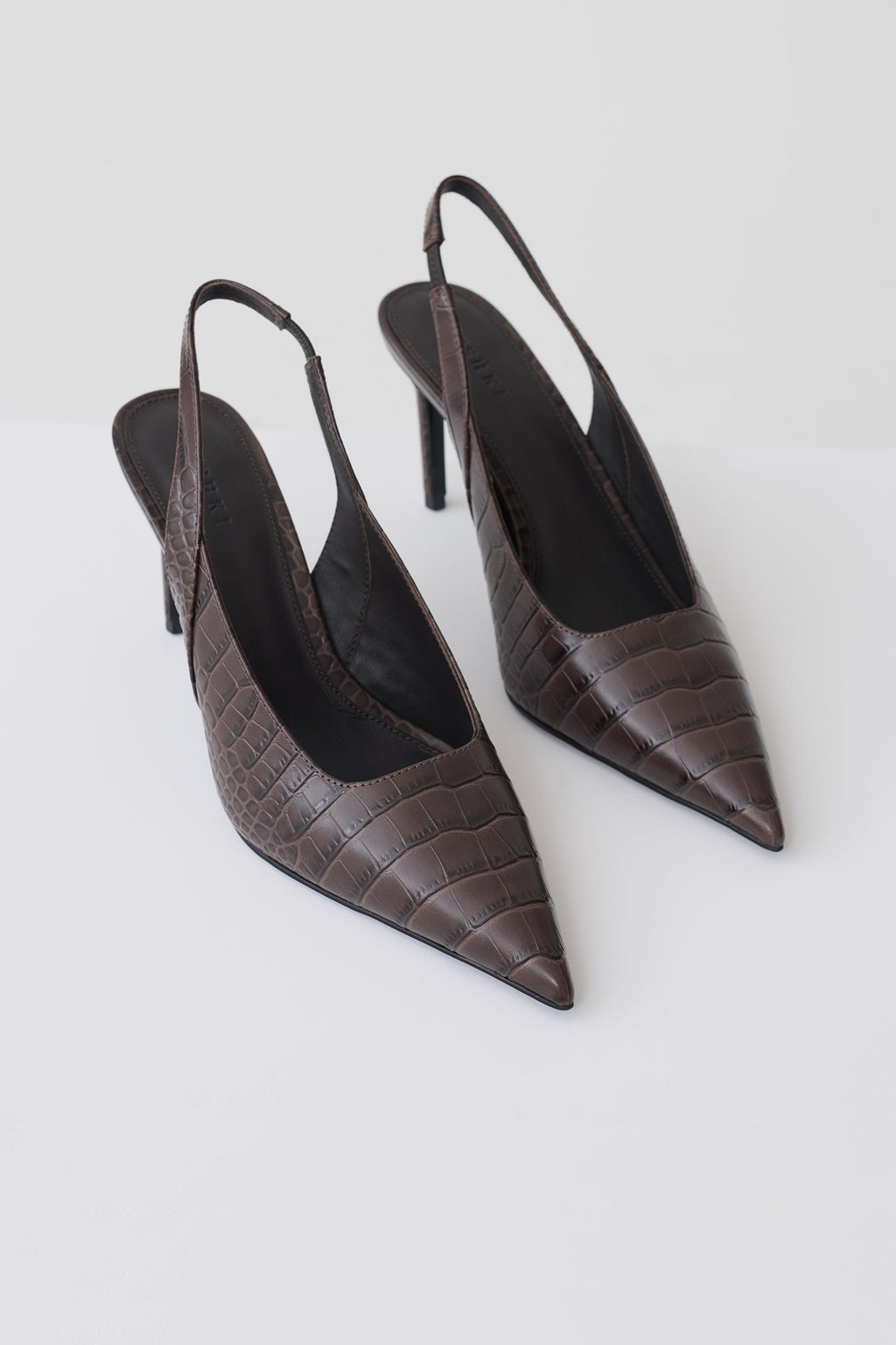 Samar Pointed Sling Back Heels - Chocolate Croc