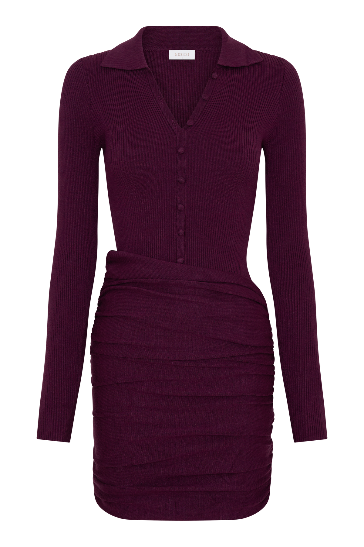 Agness Long Sleeve Button Up Knit Dress - Plum