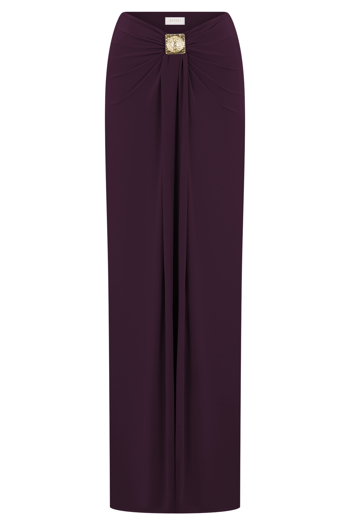 Erina Slinky Ruched Maxi Skirt With Hardware - Aubergine