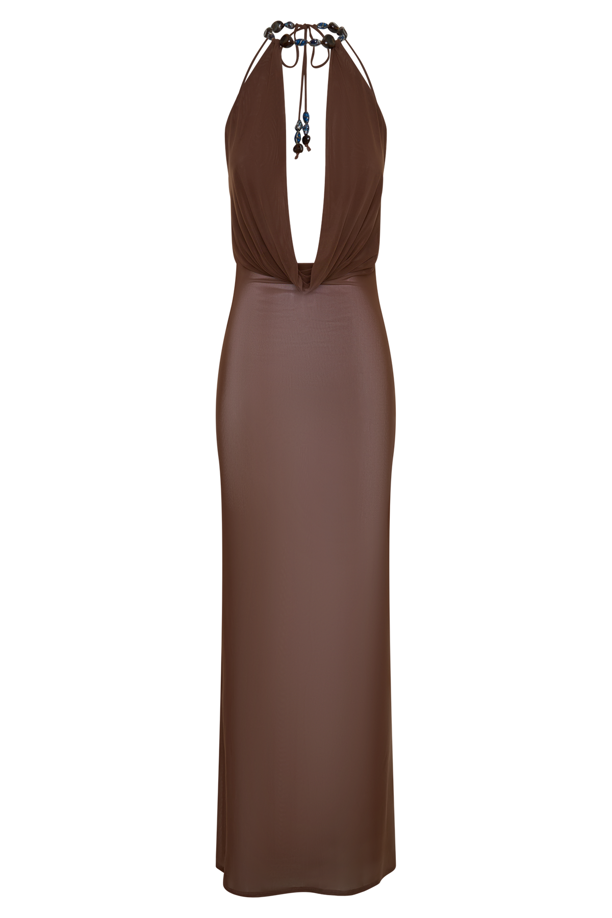 Ethal Mesh Cowl Neck Beaded Maxi Dress - Chocolate