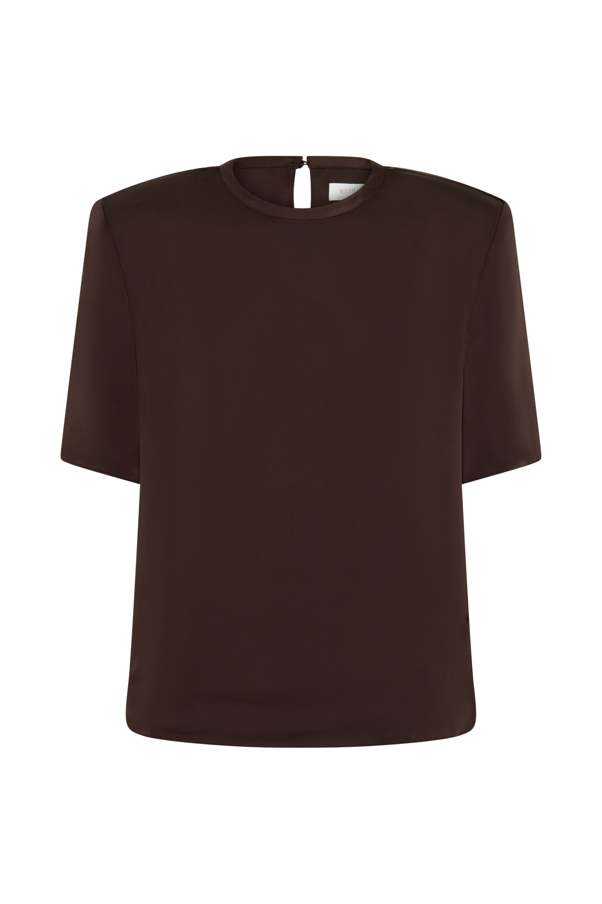Harlyn Shoulder Pad Short Sleeve Satin Top - Dark Chocolate