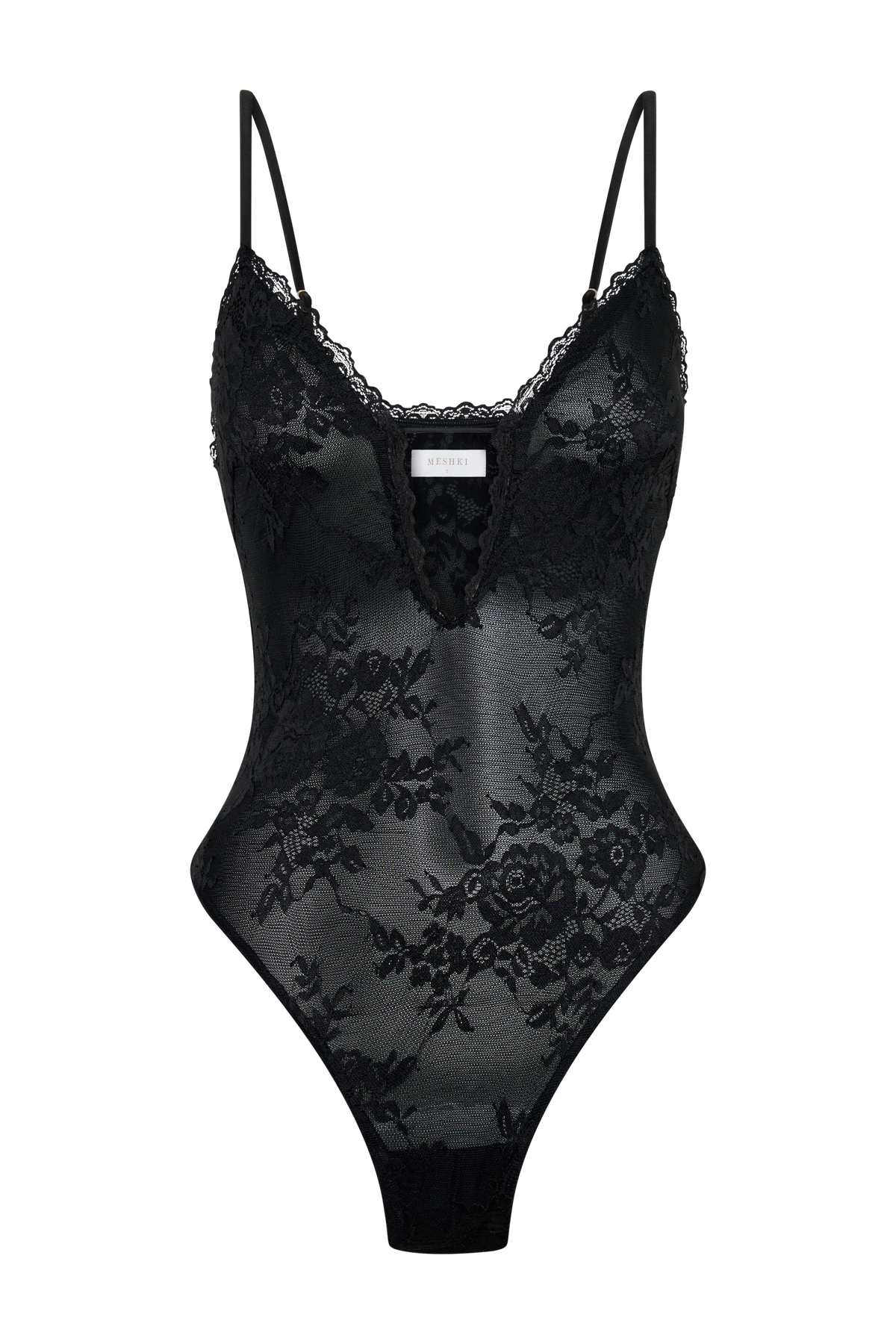 Jasper Sheer Plunge Lace Bodysuit - Black