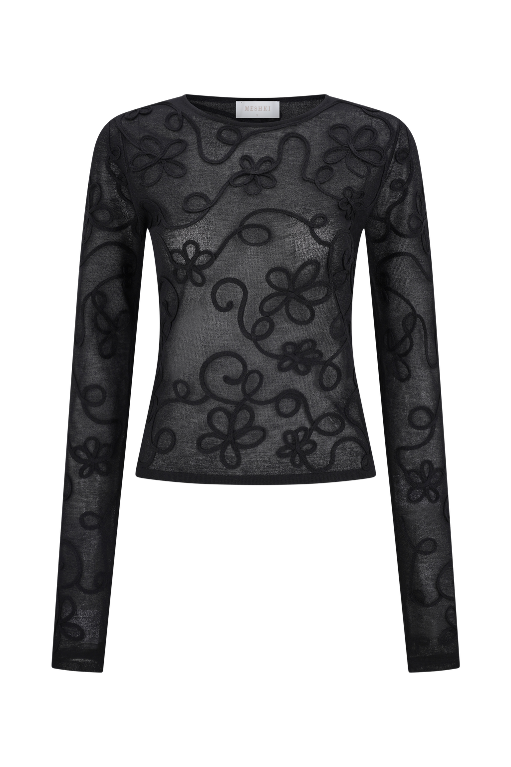 Omari Embroidery Long Sleeve Knit Top - Black