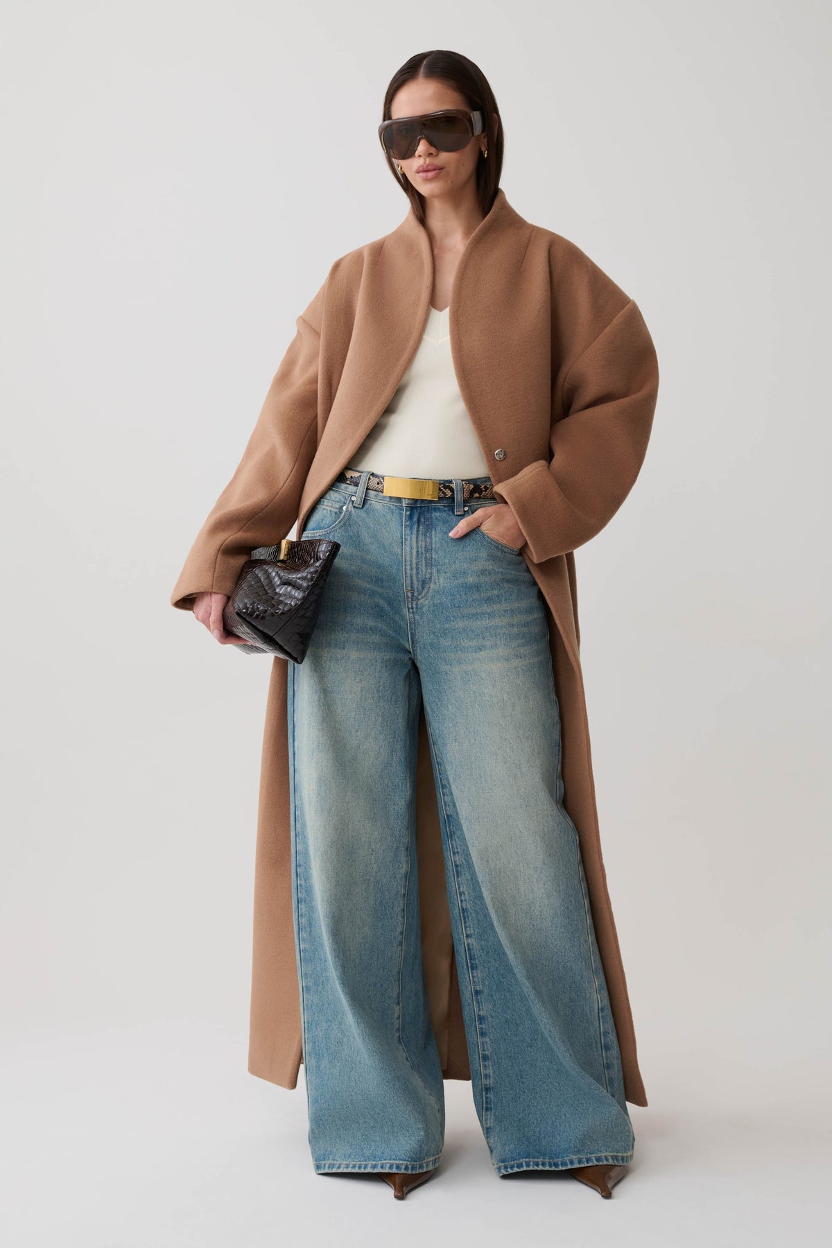 Andrea High Neck Wool Blend Coat - Camel