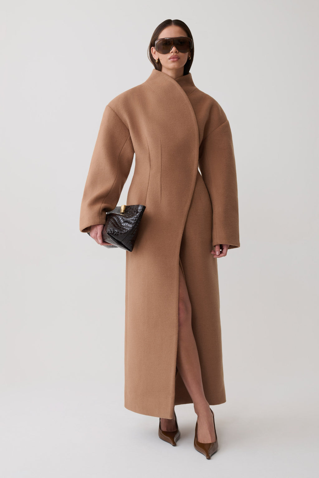 Andrea High Neck Wool Blend Coat - Camel