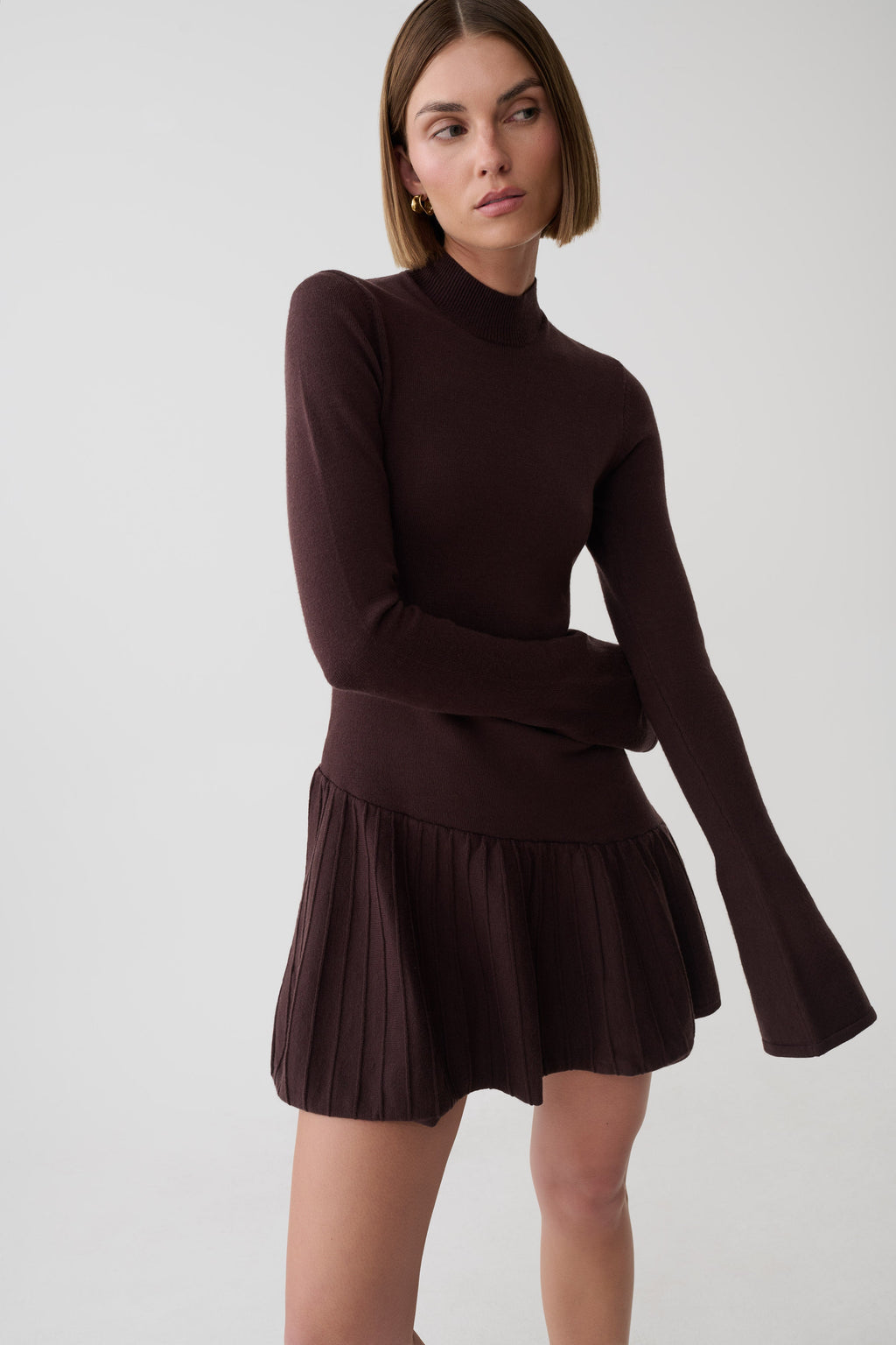 Blair Knit Mini Dress With Pleats - Chocolate