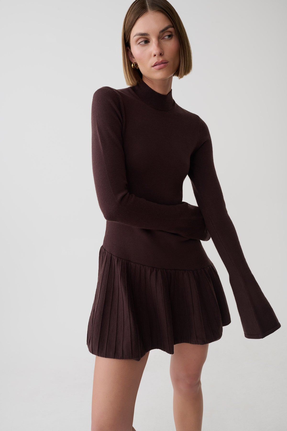 Blair Knit Mini Dress With Pleats - Chocolate