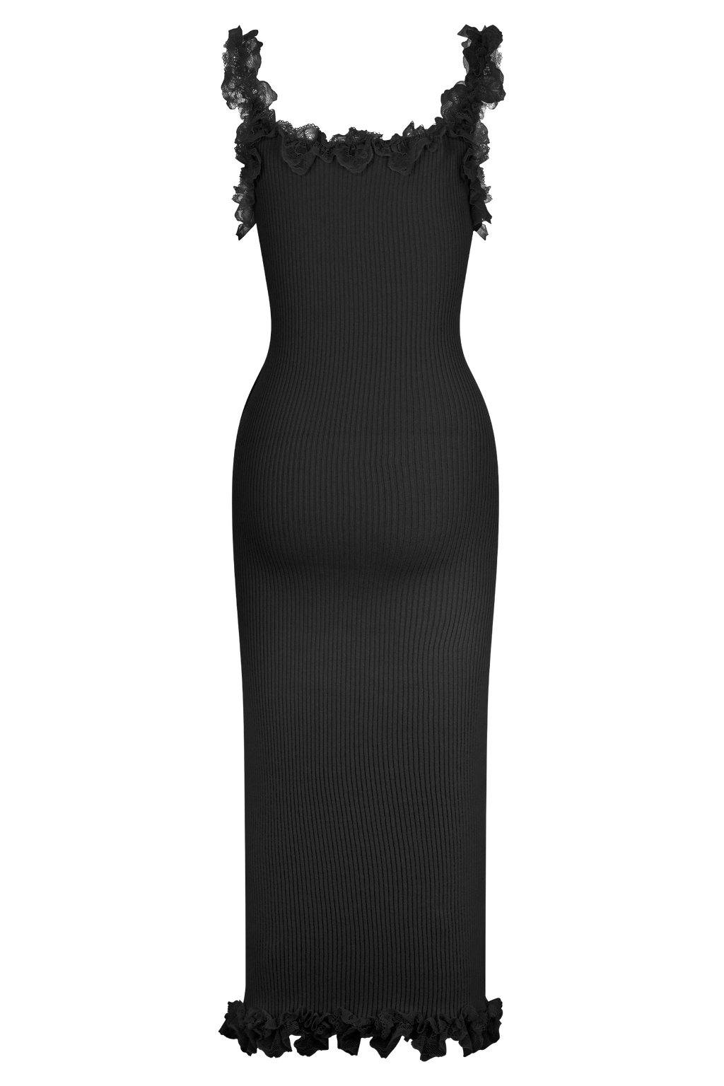 Shay Lace Ruffle Knit Midi Dress - Black