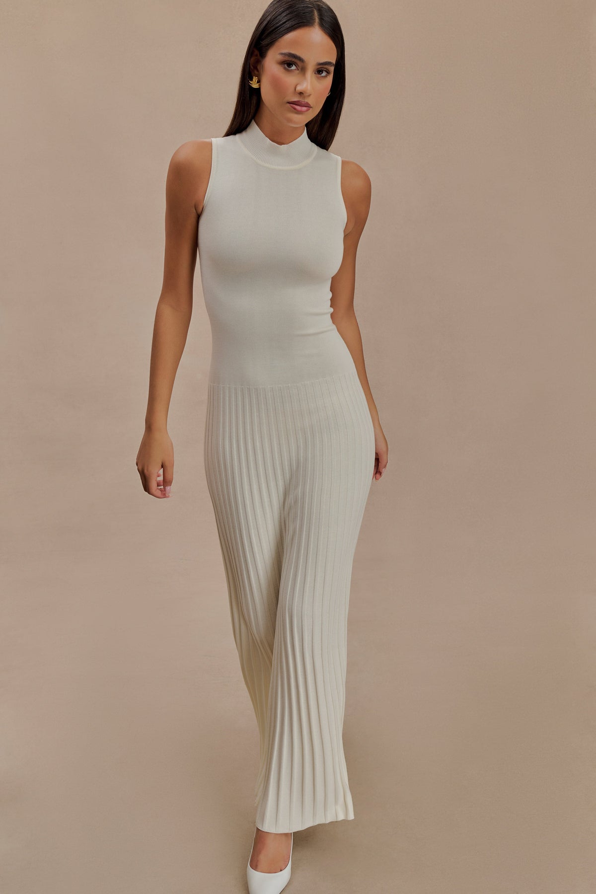 Mavis High Neck Pleated Maxi Dress - Ivory